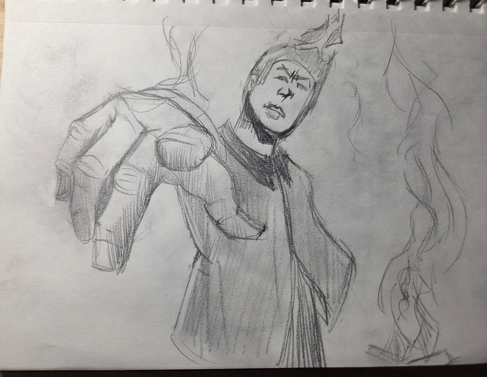 A sketch of a ethereal being pointing at the camera.